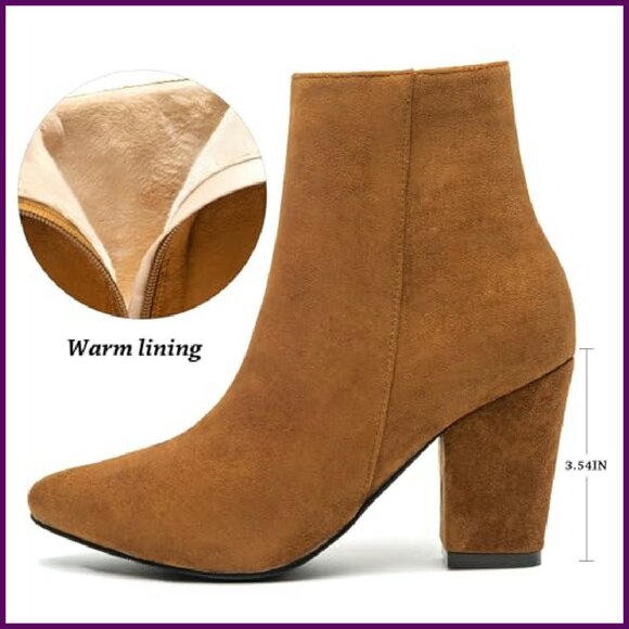 Suede Ankle Boots Chunky Heel Pointed Toe Side Zipper Dressy Booties - Picture 4 of 8